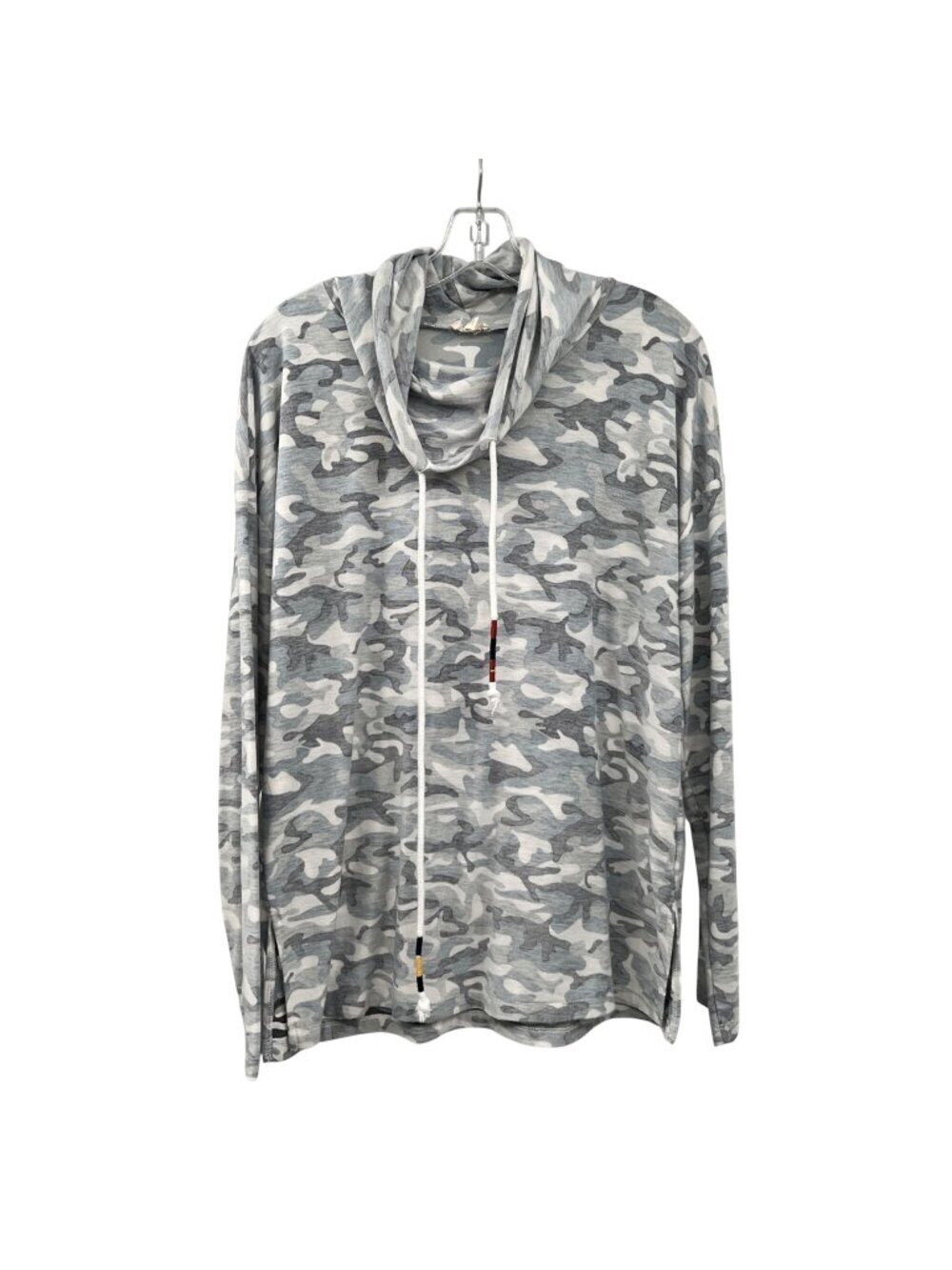 Hem & Thread Camo Pullover Top Cowl Neck Blue/Multi Size Large Lightweight